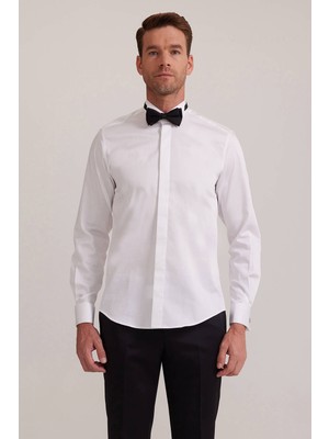 Erkek Beyaz Ata Yaka Slim Fit Gömlek
