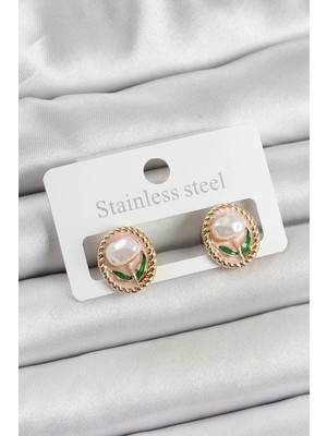 Renas Store Pirinç Pembe Mineli Lale Figürlü Sanatsal Portre Model Gold Renk Kadın Küpe - TJ-BKP10672
