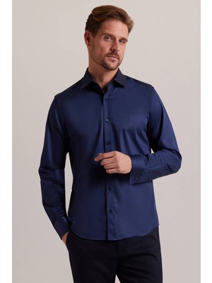 Ysf Erkek Lacivert Uzun Kol Slim Fit Saten Gömlek