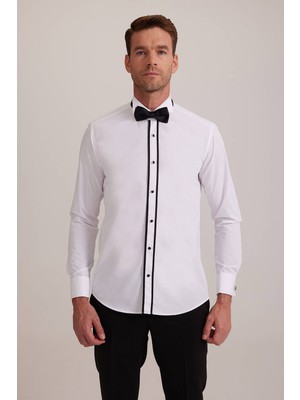 Erkek Beyaz Ata Yaka Slim Fit Biyeli Gömlek