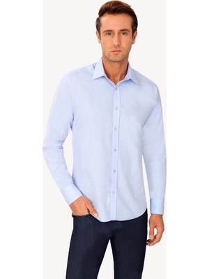 Erkek Mavi Uzun Kol Slim Fit Puantiyeli Gömlek