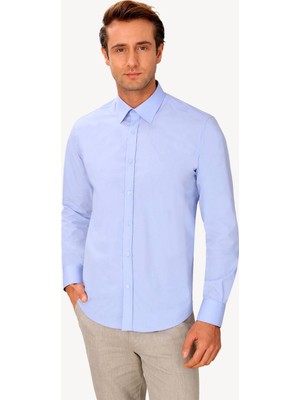 Erkek Koyu Mavi Yarım İtalyan Slim Fit Uzun Kol Gömlek