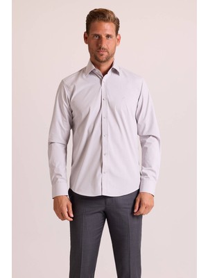 Erkek Gri Yarım İtalyan Slim Fit Uzun Kol Gömlek