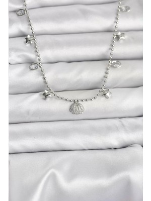 Renas Store Pirinç Gümüş Renk Zirkon Taşlı Deniz Kabuğu Model Kadın Kolye - TJ-BKO10656