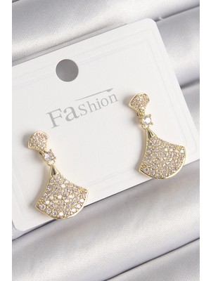 Renas Store Pirinç Gold Renk Zirkon Taşlı Motif Model Kadın Küpe