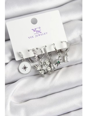 Renas Store Pirinç Zirkon Taşlı Kelebek ve Yıldız Model Gümüş Renk 3'lü Çift Kadın Küpe - TJ-BKP10958