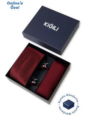 Kiğılı 3'lü Desenli Kravat & Mendil & Kol Düğmesi Hediye Kutulu Set