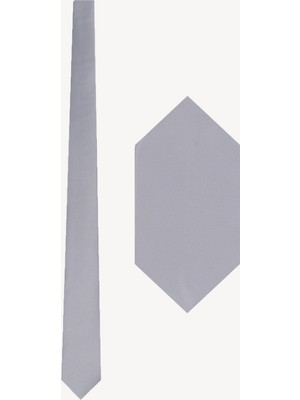 Erkek Açık Gri Düz Slim Kravat Mendil Set