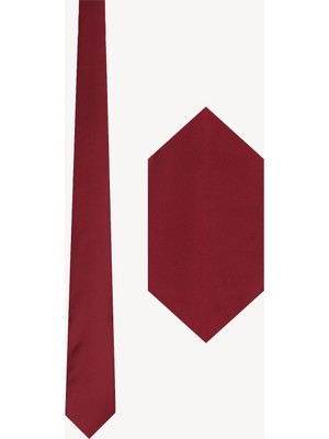 Erkek Bordo Düz Slim Kravat Mendil Set