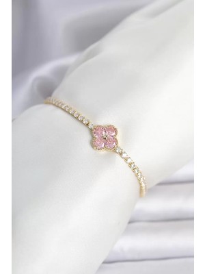 Renas Store Pirinç Gold Renk Pembe Zirkon Taşlı Yonca Model Su Yolu Kadın Bileklik