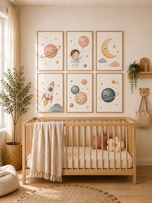 Zera Wall Mdf Tablo 6’lı Gezegen, Astronot, Ay, Roket ve Uzay Temalı Set – Bebek ve Çocuk Odası Duvar Dekorasyonu