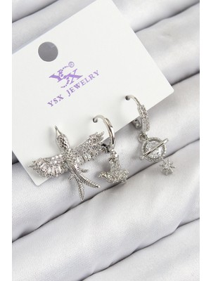 Renas Store Pirinç Zirkon Taşlı 3'lü Kuş Model Gümüş Renk Kadın Küpe