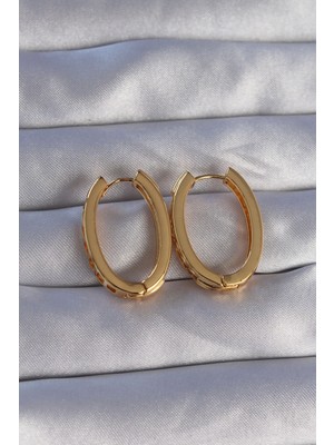 Renas Store Pirinç Gold Renk Zirkon Taşlı Oval Model Küpe
