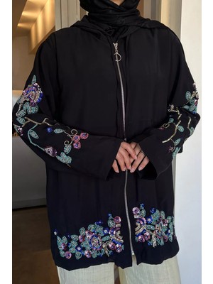 Julude Gülseli Boncuk Işlemeli Kapüşonlu Tesettür Kap P-00022656
