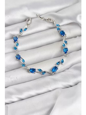 Renas Store Pirinç Gümüş Renk Mavi Zirkon Taşlı Çiçek Model Kadın Bileklik TJ-BB8576