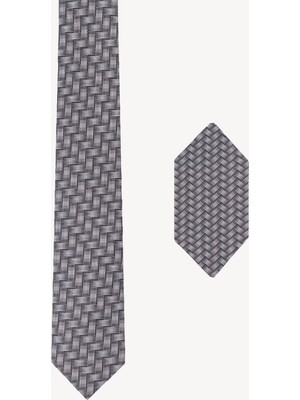 Erkek Siyah Gri Desenli Kravat Mendil Set