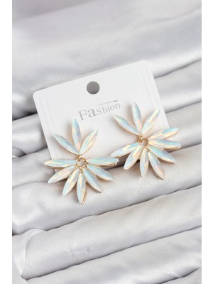 Renas Store Beyaz Renk Kristal Taşlı Lotus Model Kadın Küpe