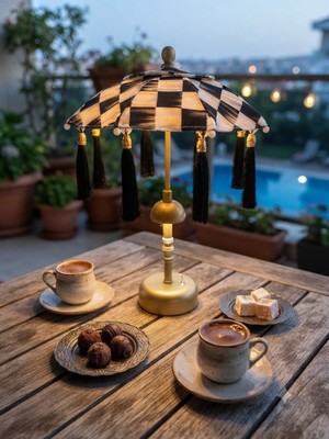 Missidea Masaüstü Damalı Gold Ayak Ledli Dekoratif Sunum Bali Şemsiyesi