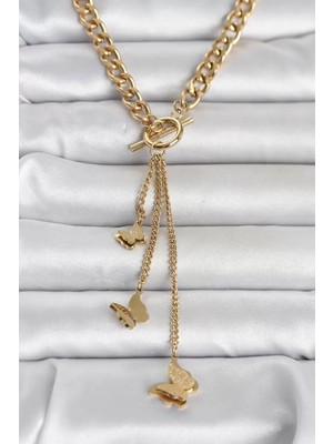 Renas Store 316L Çelik Gold Renk Kelebek Sallantılı Kadın Kolye - TJ-BKO11043