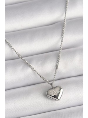 Renas Store 316L Çelik Gümüş Renk Zincir Love Işleme Kalp Figür Kadın Kolye - TJ-BKO9779