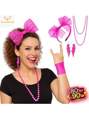 Renas Store 80’ler 90’lar Neon Pembe Parti Seti – Kolye Küpe Taç