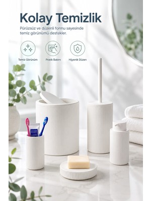 Renas Store Modern Tasarımlı 5 Parça Banyo Aksesuar Seti Beyaz Renk Sabunluk ve Fırçalık Dahil