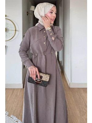 Julude Polo Yaka Gold Düğmeli Kuşgözü Detaylı Tesettür Elbise P-00022691