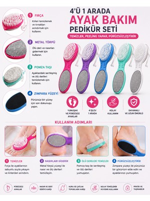 Belirtilmemiş 4'ü 1 Arada Ayak Bakım Seti Pedikür Fırçası Topuk Törpüsü Ponza Taşı ve Zımpara Yüzeyli Ayak Temizleme Aparatı