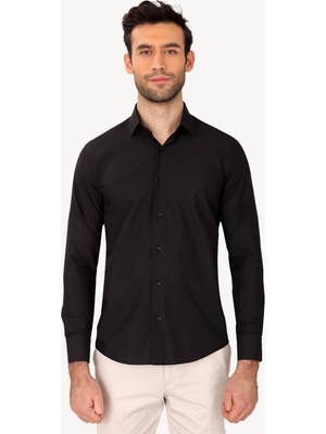 Erkek Siyah Uzun Kol Slim Fit %100 Pamuk Gömlek