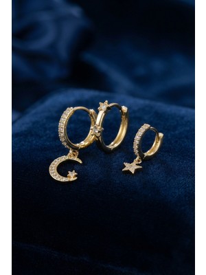 Belirtilmemiş 3 Lü Ay Yıldız Model Gold Renk Set Küpe