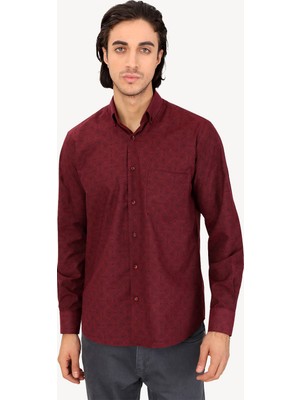 Erkek Bordo Uzun Kol Regular Fit Desenli Gömlek
