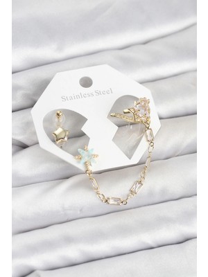 Renas Store Yıldız Model Pirinç Gold Renk Zincir Bağlantılı Ear Cuff Küpe Seti