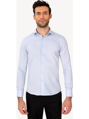 Erkek Mavi Uzun Kol Slim Fit Desenli Gömlek