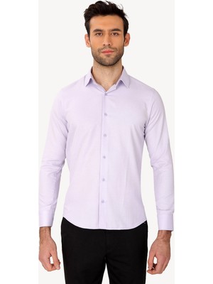 Erkek Lila Uzun Kol Puantiyeli Slim Fit Gömlek