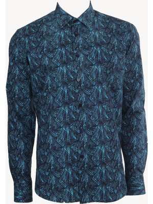 Erkek Turkuaz Slim Fit Desenli Uzun Kollu Gömlek