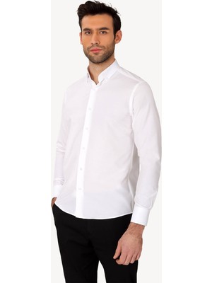 Erkek Beyaz Uzun Kol Slim Fit Yaka Düğmeli Gömlek