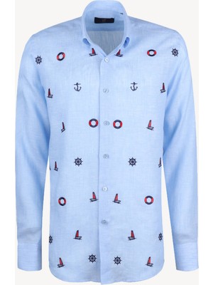 Erkek Mavi Keten Slim Fit Desenli Gömlek