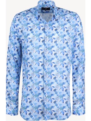 Erkek Mavi Slim Fit Keten Desenli Gömlek