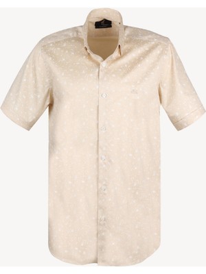 Erkek Bej Kısa Kol Desenli Slim Fit Gömlek
