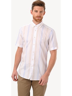 Erkek Beyaz Kısa Kol Çizgili Slim Fit Gömlek