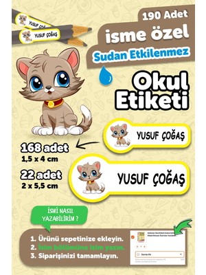 Okul Etiketi Kalem Defter Isimli Etiket Isim Yazılabilen Kedi Temalı - 190 Adet Özel Yeni Tasarım