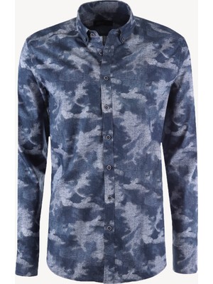 Erkek Lacivert Gri Desenli Yarım İtalyan Slim Fit Gömlek