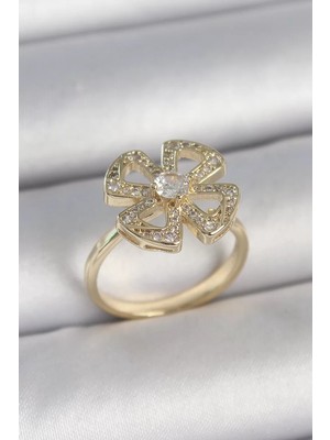 Renas Store Pirinç Gold Renk Zirkon Taşlı Yonca Model Ayarlanabilir Kadın Yüzük - TJ-BYK3719