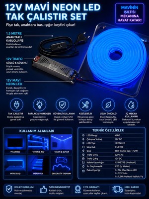 Econa 5mt Mavi Neon LED Seti 12 V Şerit LED Trafolu Tak Fişe Calistir,dekoratif Neon,esnek Veşekil Verilebilir Neon Şerit LED