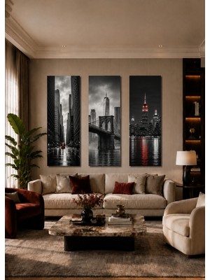 Zera Wall Mdf Tablo 3’lü Siyah Beyaz Şehir Manzarası ve Kırmızı Detaylı Set – Modern Salon ve Ofis Duvar