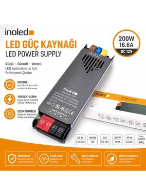 İnoled 1206 – 16,6A 200W 12V LED Güç Kaynağı  | Kısa Devre Korumalı Adaptör | Şerit LED Trafo | 220V Ac – 12V Dc Dönüştürücü | Yüksek Verimli, Güvenli, Uzun Ömürlü LED Trafo