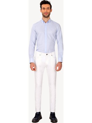 Erkek Beyaz Üsten Cepli Slim Fit Kanvas Pantolon