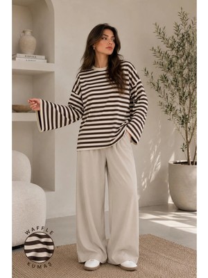 herkesemoda Çizgili Waffle Kumaş Kadın Body