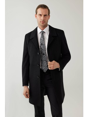 Erkek Siyah Regular Fit Mono Yaka Kaşmir Palto