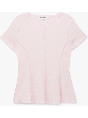 Koton Bürümcük Kumaş Hafif Peplum Kesim Nervürlü Bisiklet Yaka Kısa Kollu Bluz